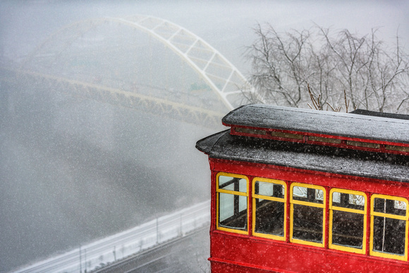 The Duquesne Incline and Ft. Pitt Bridge in the snow