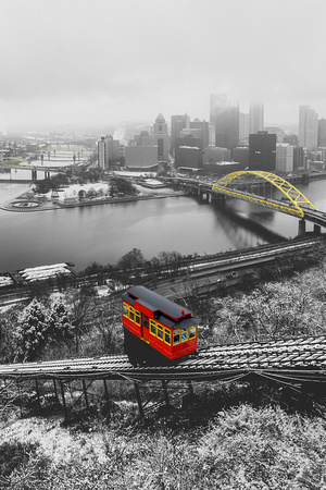 Selective Color of the Duquesne Incline in the snow in Pittsburgh - Portrait