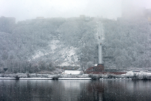 The Duquesne Incline from across the river in the snow