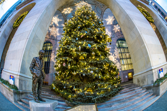 A fisheye view of the Christmas tree at the City County Building in Pittsburgh