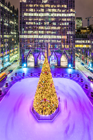 The Christmas tree at PPG Place glows at night