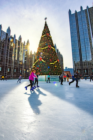 Long shadows from early morning light at the tree at PPG Place