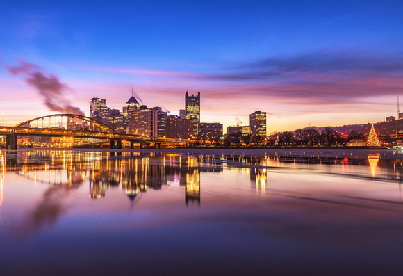 A colorful sunrise over Pittsburgh from the North Shore