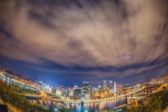 A fisheye view of the Pittsburgh skyline at night from Mt. Washington
