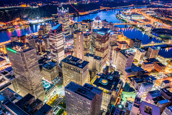 Looking straight down on downtown Pittsburgh at night