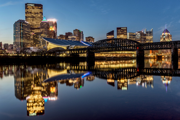 Downtown Pittsburgh reflects in the Allegheny River at dawn