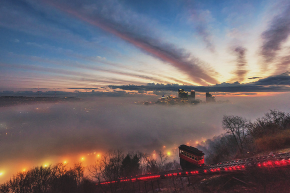 The incline climbs Mt. Washington on a foggy Pittsburgh morning