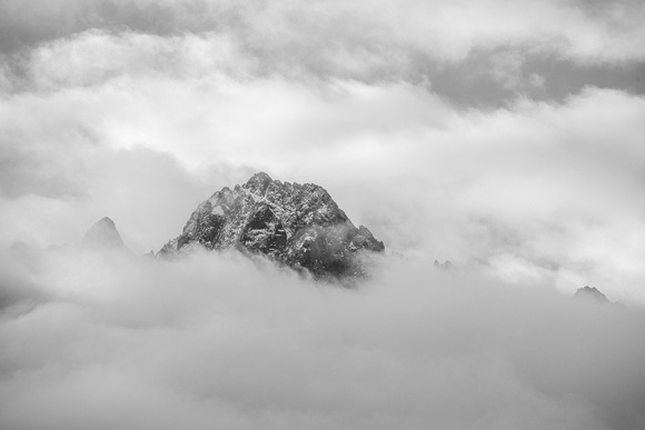 A black and white view of the peak of Mt. Sneffels in Colorado