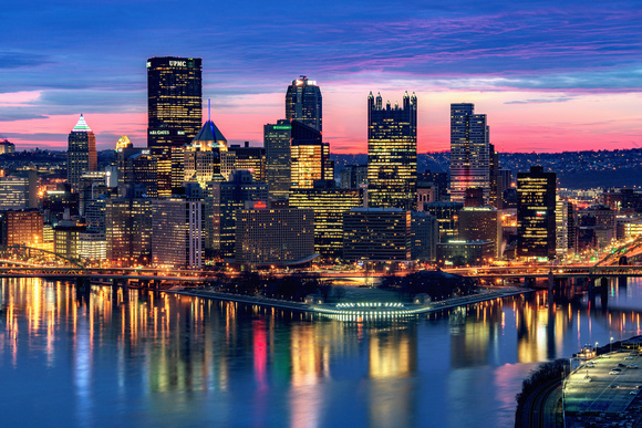A vibrant sky is the perfect backdrop for Pittsburgh at dawn