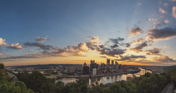 Panorama of the Pittsburgh skyline at sunrise