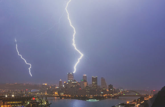 Two lightning bolts strike Pittsburgh during an early morning storm