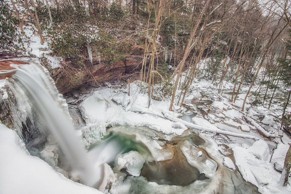 A long exposure above Cucumber Falls at Ohiopyle State Park in the snow and ice