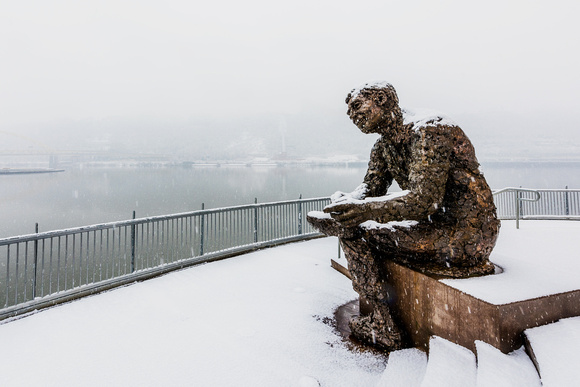 A snowy day on the Mr. Rogers Statue in Pittsburgh