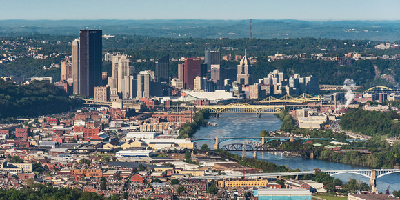 An aerial view of Pittsburgh from above the Strip District