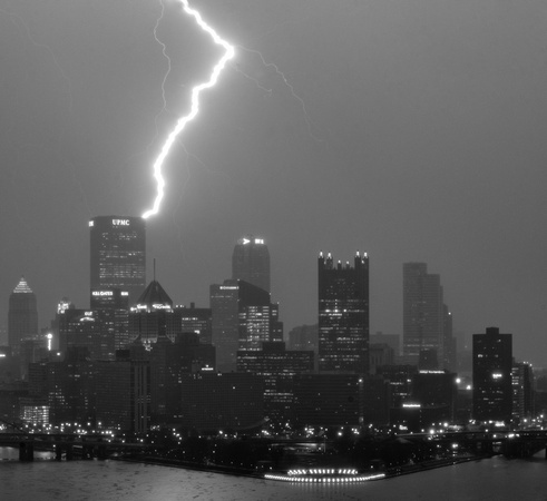 A close up of lightning striking Pittsburgh during a storm