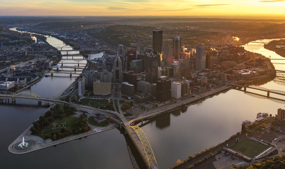 An aerial view of Pittsburgh at dawn