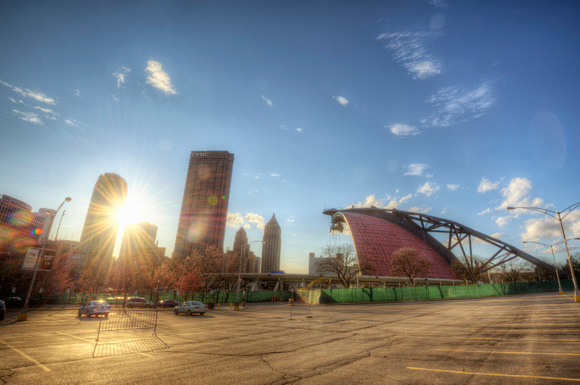 Sun flare over the Pittsburgh skyline and demolition of the Civic Arena HDR