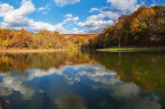 Panorama of Panther Hollow Lake in the fall in Pittsburgh