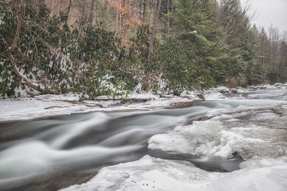 Water along the side of Flatrock at Ohiopyle State Park in the winter