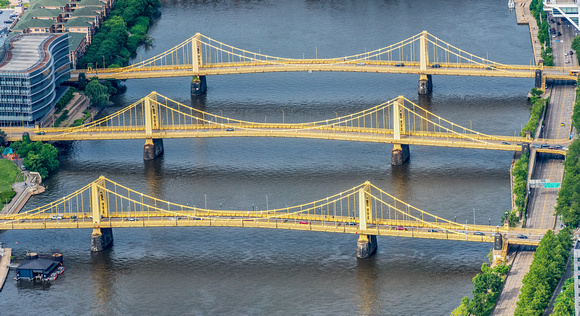 An aerial view of the Sister Bridges in Pittsburgh