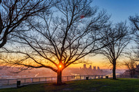 Trees on the West End Overlook frame both the rising sun and Pittsburgh