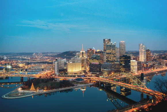 Pittsburgh skyline and smooth waters during Christmas