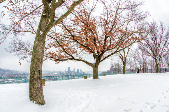 A snow covered West End Overlook on a cloudy day in Pittsburgh