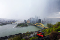 The Duquesne Incline climbs Mt. Washington on a rainy day in Pittsburgh