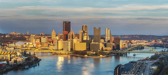 A panorama of a beautiful sunset in Pittsburgh from the West End