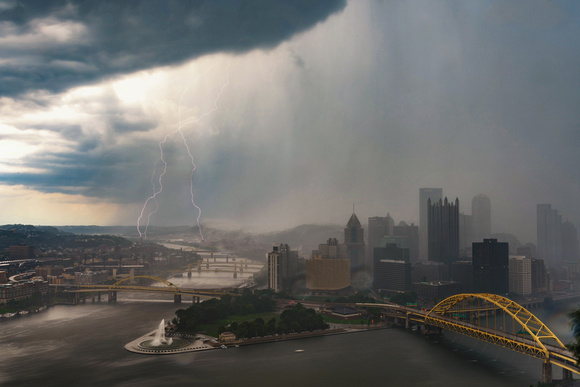 A triple lightning strike during a spring storm in Pittsburgh