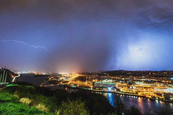 A wall of rain blocks a lightning bolt in Pittsburgh