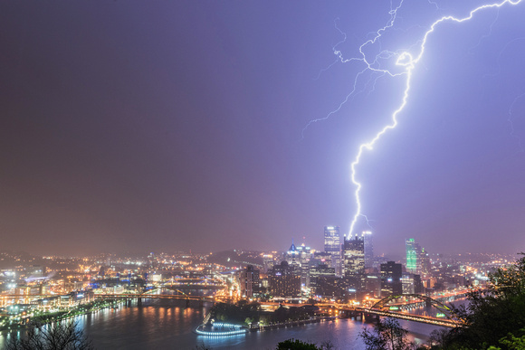 A towering lighting bolt strikes downtown Pittsburgh