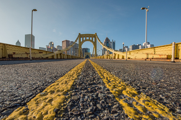 A low view on the Roberto Clemente Bridge at dawn