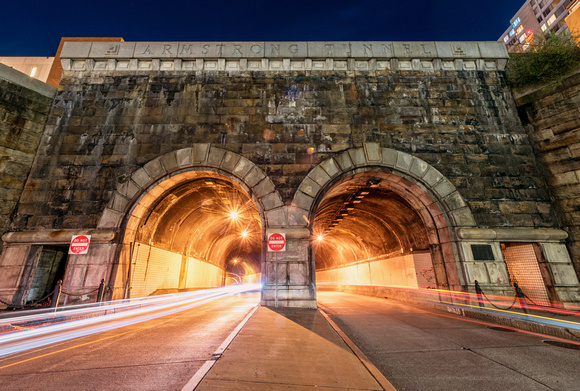 The 10th Street Tunnel glows at night in Pittsburgh