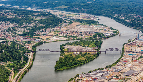 An aerial view of Brunot and Neville Islands in Pittsburgh