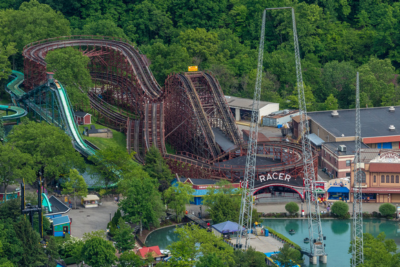 An aerial view of the Racer at Kennywood Park