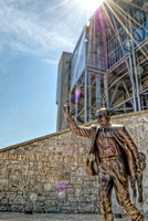 Joe Paterno statue and sunflare at Penn State HDR