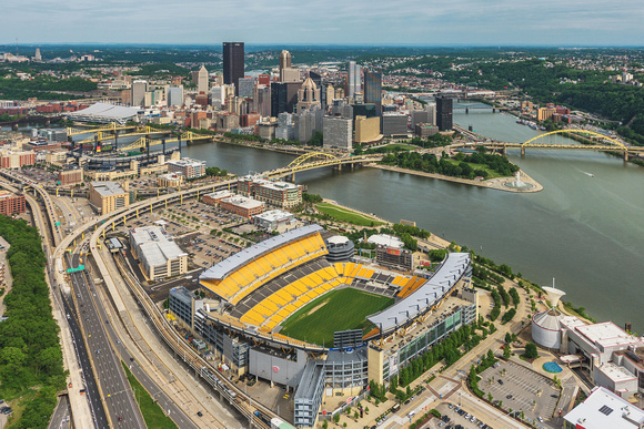 An aerial view of Pittsburgh from above the North Shore