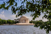 Trees frame the Jefferson Memorial at dusk in Washington DC