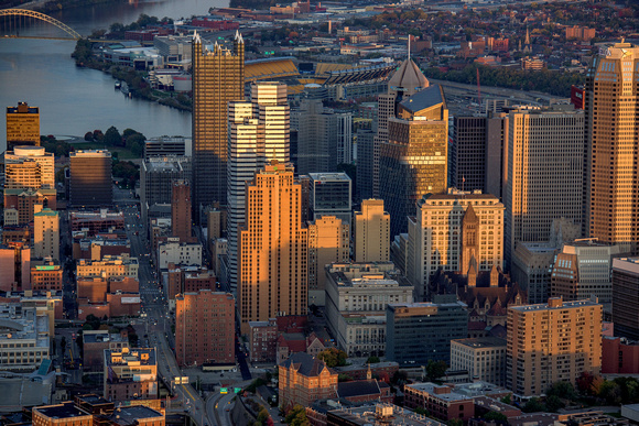 Downtown Pittsburgh is lit up in this aerial view