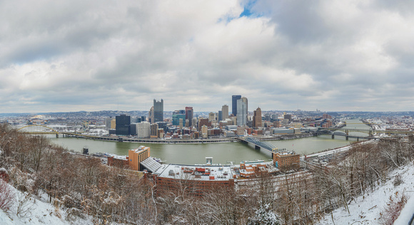 A snowy panorama of Pittsburgh from Mt. Washington