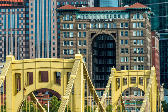 The top of the Clemente Bridge and Renaissance Hotel in Pittsburgh