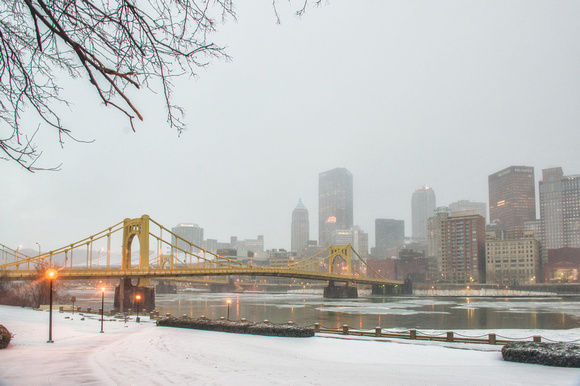 The snow covered North Shore in Pittsburgh