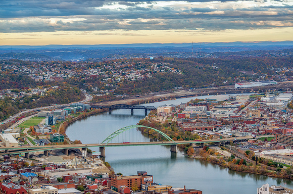 The Monongahela River winds upstream as seen from the roof of the Steel Building HDR