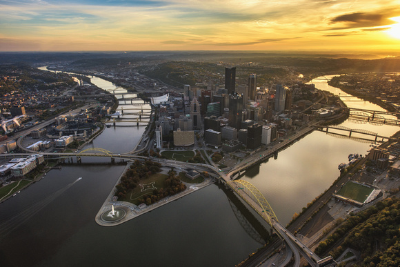 An aerial view of Pittsburgh during a beautiful sunrise