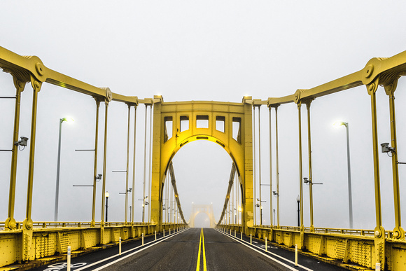 A foggy morning in Pittsburgh on the Clemente Bridge