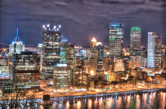 Pittsburgh skyline lit up at night HDR