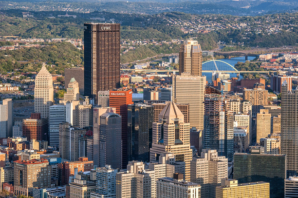 Aerial view of downtown Pittsburgh from over Point State Park