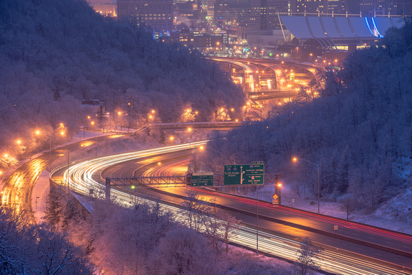 Light trails on 279 in Pittsburgh on a snowy morning