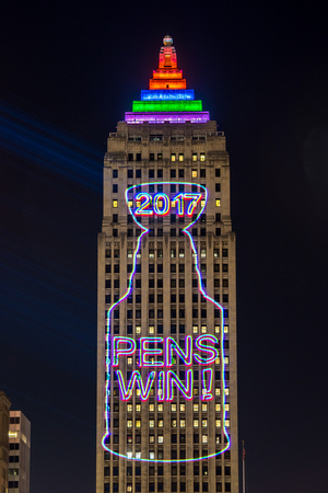 The Gulf Tower is lit up after the Pittsburgh Penguins won the 2017 Stanley Cup